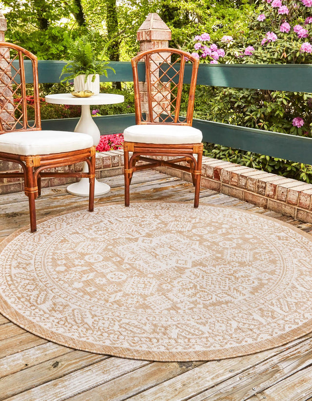 Natural 7' 10 x 7' 10 Outdoor Aztec Round Area Rug Weather Resistant for Patio, Deck, Terrace, Balcony, Porch 100% Polypropylene Traditional Carpet Mat for Sale at Rug Engine