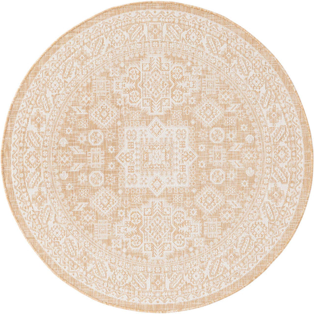 Natural 5' 3 x 5' 3 Outdoor Aztec Round Area Rug Weather Resistant for Patio, Deck, Terrace, Balcony, Porch 100% Polypropylene Traditional Carpet Mat for Sale at Rug Engine