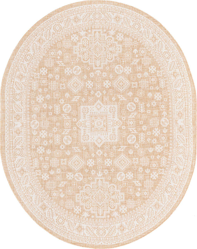 Natural 7' 10 x 10' Outdoor Aztec Oval Area Rug Weather Resistant for Patio, Deck, Terrace, Balcony, Porch 100% Polypropylene Traditional Carpet Mat for Sale at Rug Engine