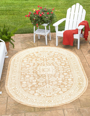 Natural 5' 3 x 8' Outdoor Aztec Oval Area Rug Weather Resistant for Patio, Deck, Terrace, Balcony, Porch 100% Polypropylene Traditional Carpet Mat for Sale at Rug Engine