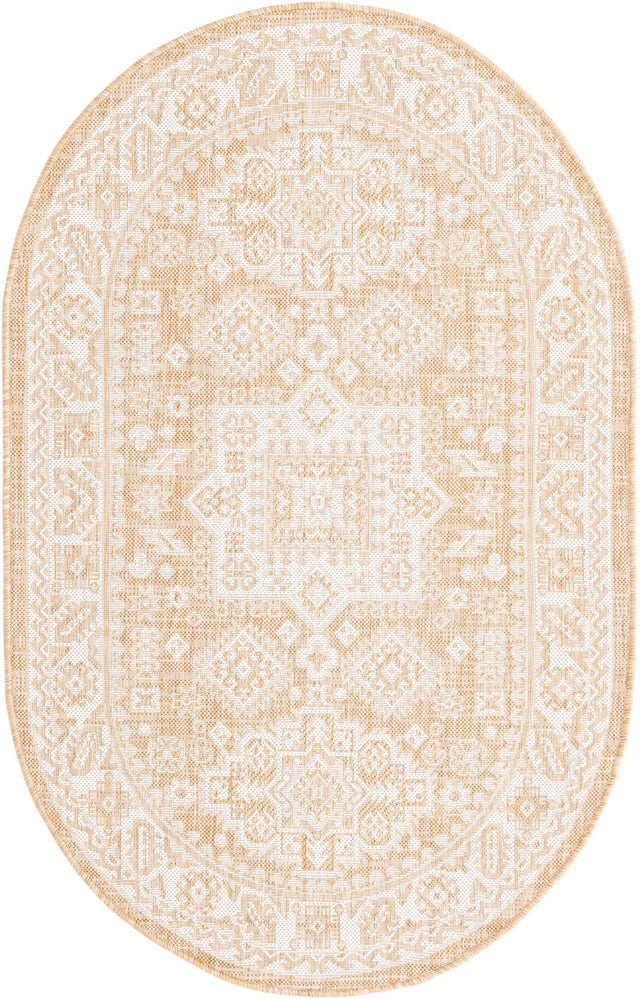 Natural 3' 1 x 5' 3 Outdoor Aztec Oval Area Rug Weather Resistant for Patio, Deck, Terrace, Balcony, Porch 100% Polypropylene Traditional Carpet Mat for Sale at Rug Engine