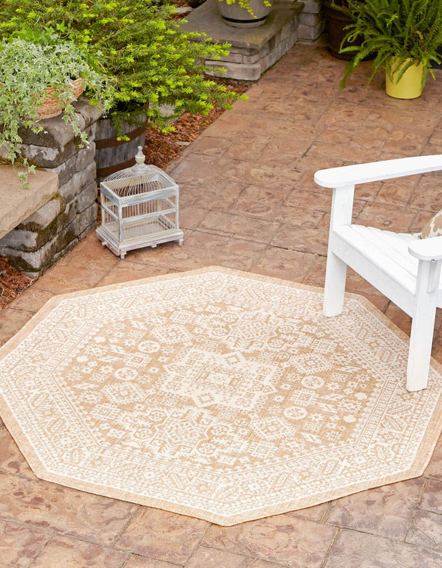 Natural 5' 3 x 5' 3 Outdoor Aztec Octagon Area Rug Weather Resistant for Patio, Deck, Terrace, Balcony, Porch 100% Polypropylene Traditional Carpet Mat for Sale at Rug Engine