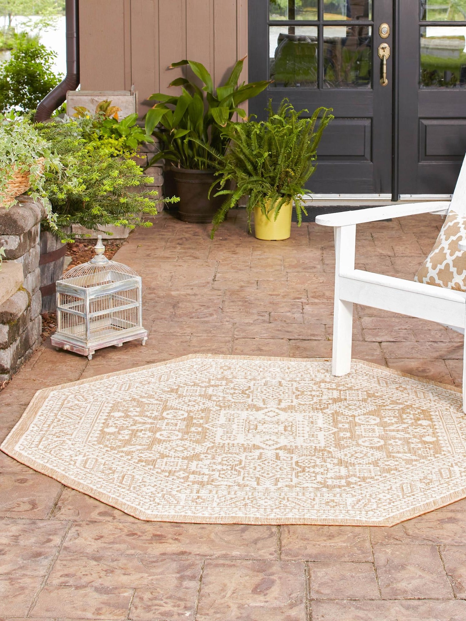 Natural 5' 3 x 5' 3 Outdoor Aztec Octagon Area Rug Weather Resistant for Patio, Deck, Terrace, Balcony, Porch 100% Polypropylene Traditional Carpet Mat for Sale at Rug Engine