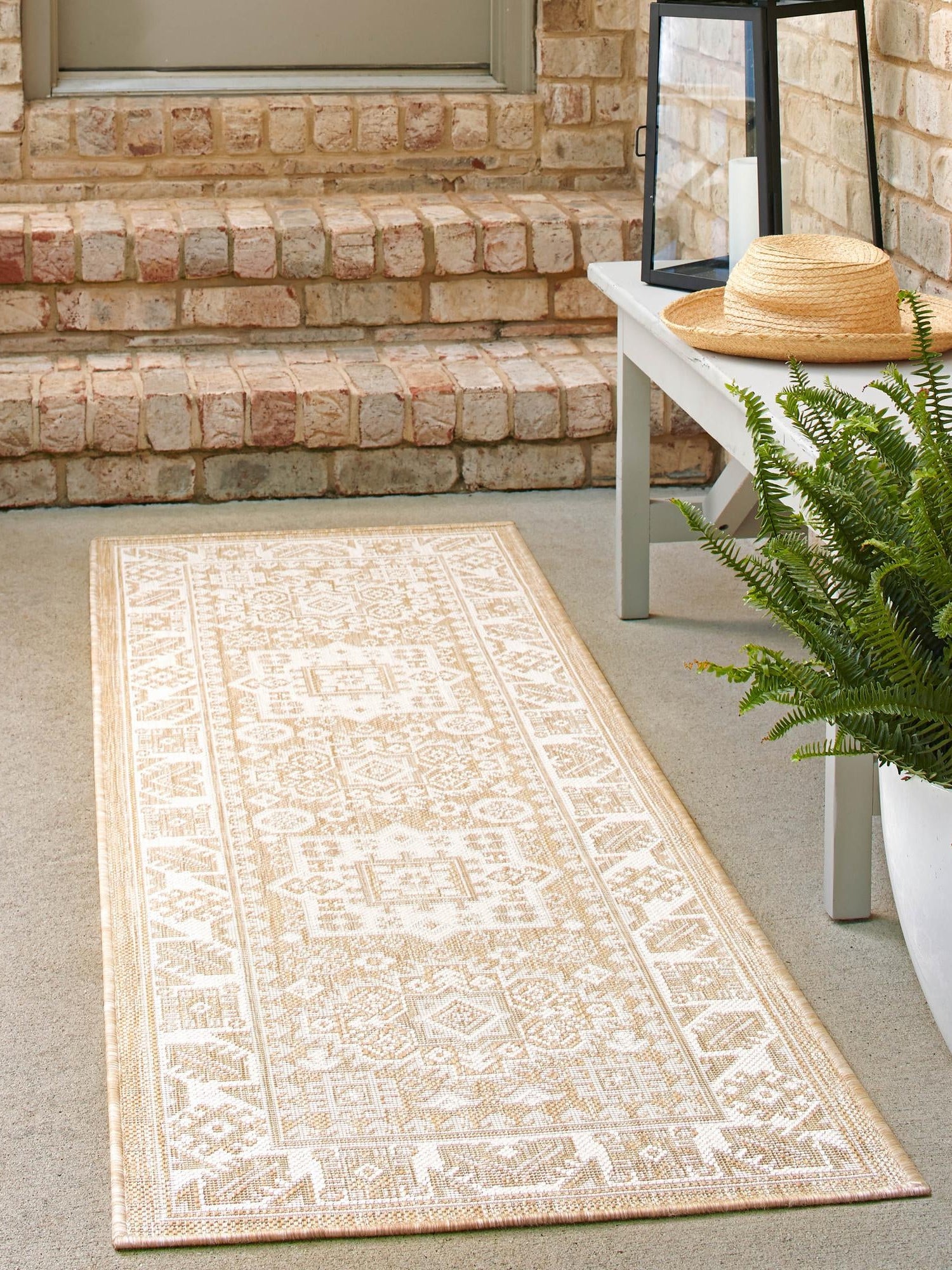 Natural 2' 7 x 12' Outdoor Aztec Runner Area Rug Weather Resistant for Patio, Deck, Terrace, Balcony, Porch 100% Polypropylene Traditional Carpet Mat for Sale at Rug Engine