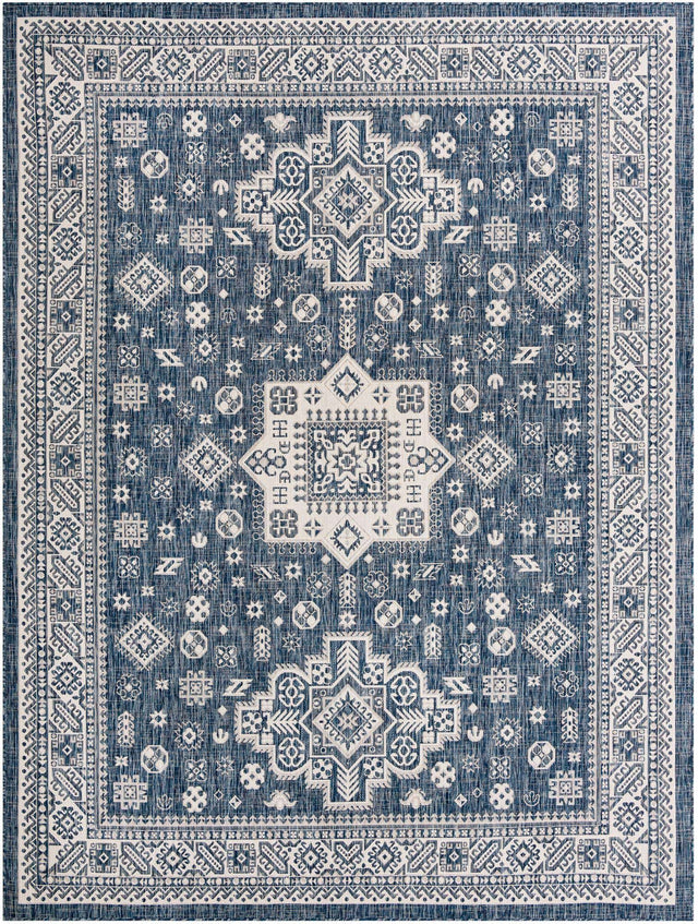 Blue 9' x 12' Outdoor Aztec Rectangle Area Rug Weather Resistant for Patio, Deck, Terrace, Balcony, Porch 100% Polypropylene Traditional Carpet Mat for Sale at Rug Engine