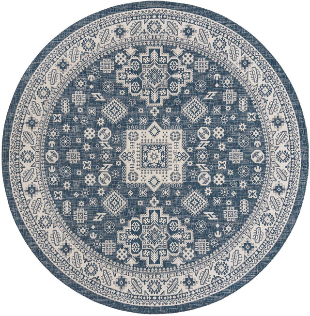 Blue 10' x 10' Outdoor Aztec Round Area Rug Weather Resistant for Patio, Deck, Terrace, Balcony, Porch 100% Polypropylene Traditional Carpet Mat for Sale at Rug Engine