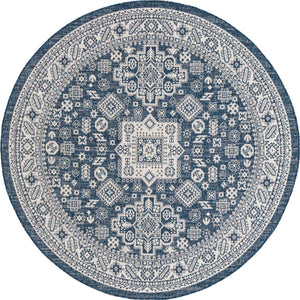 Blue 7' 10 x 7' 10 Outdoor Aztec Round Area Rug Weather Resistant for Patio, Deck, Terrace, Balcony, Porch 100% Polypropylene Traditional Carpet Mat for Sale at Rug Engine