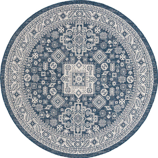 Blue 7' 10 x 7' 10 Outdoor Aztec Round Area Rug Weather Resistant for Patio, Deck, Terrace, Balcony, Porch 100% Polypropylene Traditional Carpet Mat for Sale at Rug Engine