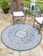 Blue 7' 10 x 7' 10 Outdoor Aztec Round Area Rug Weather Resistant for Patio, Deck, Terrace, Balcony, Porch 100% Polypropylene Traditional Carpet Mat for Sale at Rug Engine
