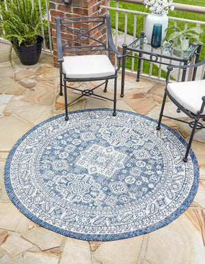 Blue 4' 1 x 4' 1 Outdoor Aztec Round Area Rug Weather Resistant for Patio, Deck, Terrace, Balcony, Porch 100% Polypropylene Traditional Carpet Mat for Sale at Rug Engine