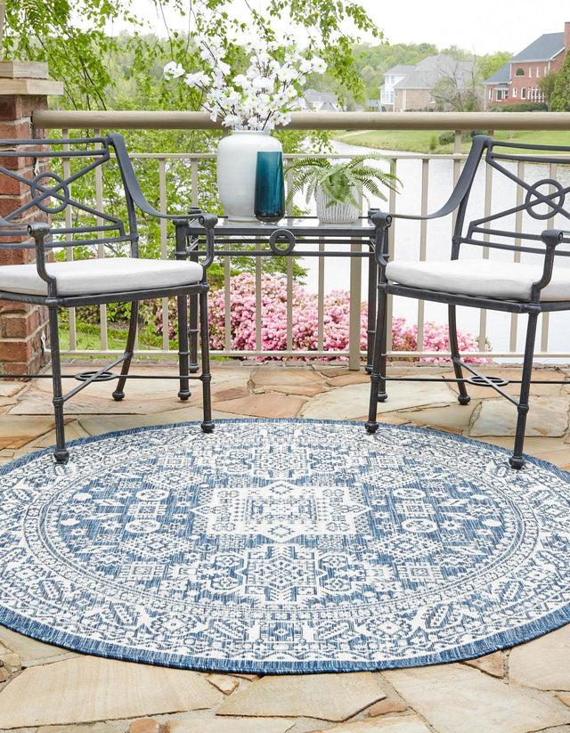Blue 5' 3 x 5' 3 Outdoor Aztec Round Area Rug Weather Resistant for Patio, Deck, Terrace, Balcony, Porch 100% Polypropylene Traditional Carpet Mat for Sale at Rug Engine