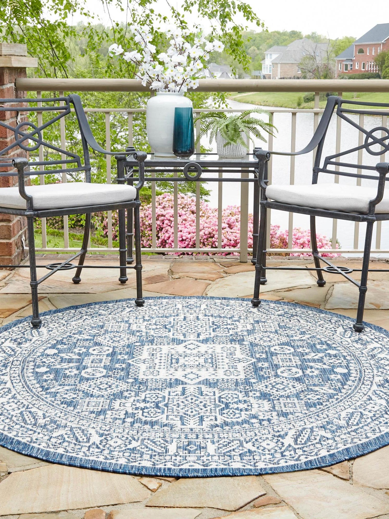 Blue 13' 1 x 13' 1 Outdoor Aztec Round Area Rug Weather Resistant for Patio, Deck, Terrace, Balcony, Porch 100% Polypropylene Traditional Carpet Mat for Sale at Rug Engine