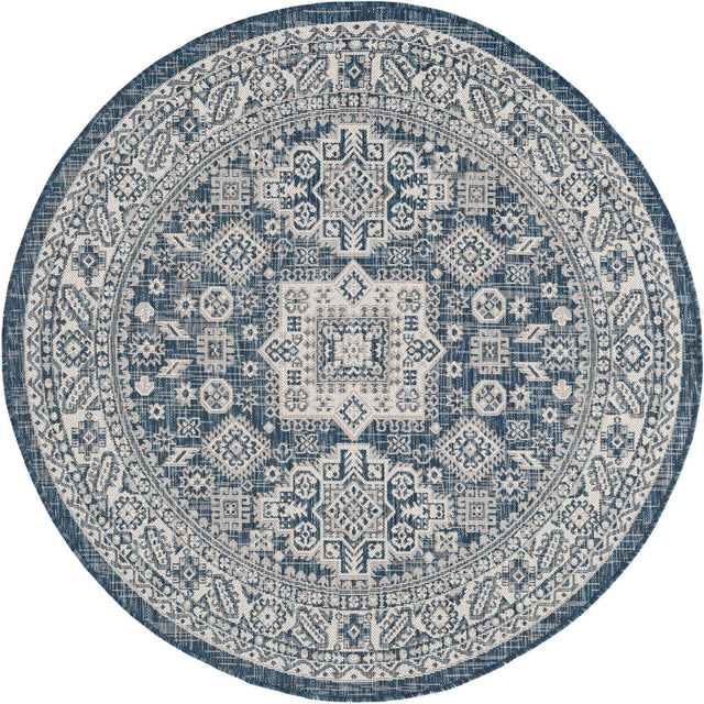 Blue 5' 3 x 5' 3 Outdoor Aztec Round Area Rug Weather Resistant for Patio, Deck, Terrace, Balcony, Porch 100% Polypropylene Traditional Carpet Mat for Sale at Rug Engine