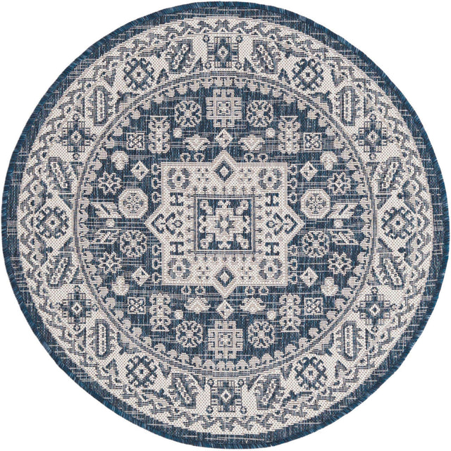 Blue 3' 1 x 3' 1 Outdoor Aztec Round Area Rug Weather Resistant for Patio, Deck, Terrace, Balcony, Porch 100% Polypropylene Traditional Carpet Mat for Sale at Rug Engine