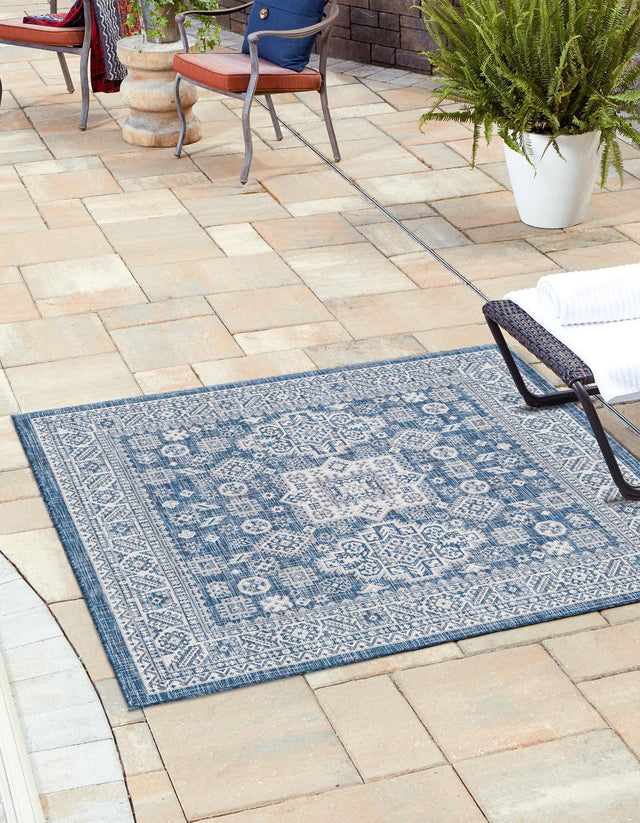 Blue 13' 1 x 13' 1 Outdoor Aztec Square Area Rug Weather Resistant for Patio, Deck, Terrace, Balcony, Porch 100% Polypropylene Traditional Carpet Mat for Sale at Rug Engine