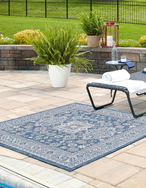 Blue 10' x 10' Outdoor Aztec Square Area Rug Weather Resistant for Patio, Deck, Terrace, Balcony, Porch 100% Polypropylene Traditional Carpet Mat for Sale at Rug Engine