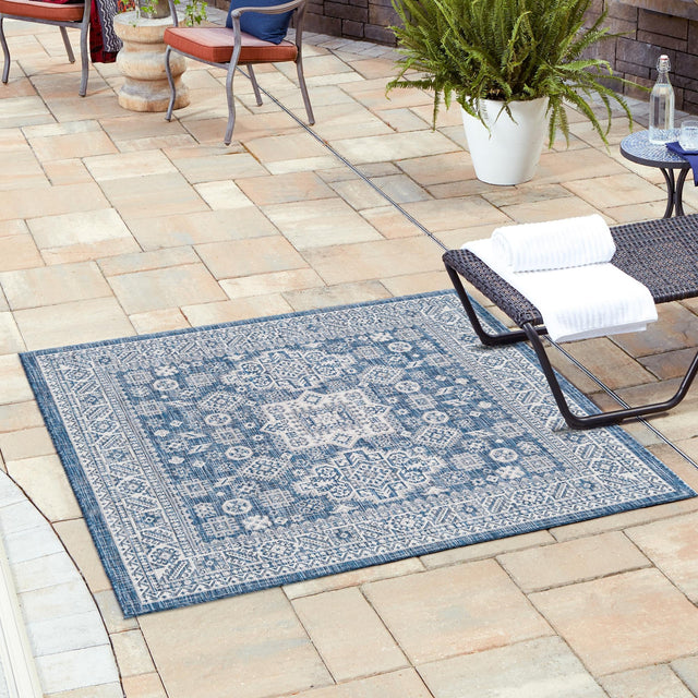 Blue 10' x 10' Outdoor Aztec Square Area Rug Weather Resistant for Patio, Deck, Terrace, Balcony, Porch 100% Polypropylene Traditional Carpet Mat for Sale at Rug Engine