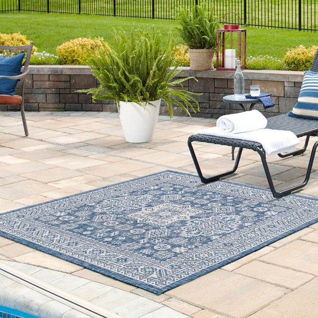 Blue 10' x 10' Outdoor Aztec Square Area Rug Weather Resistant for Patio, Deck, Terrace, Balcony, Porch 100% Polypropylene Traditional Carpet Mat for Sale at Rug Engine