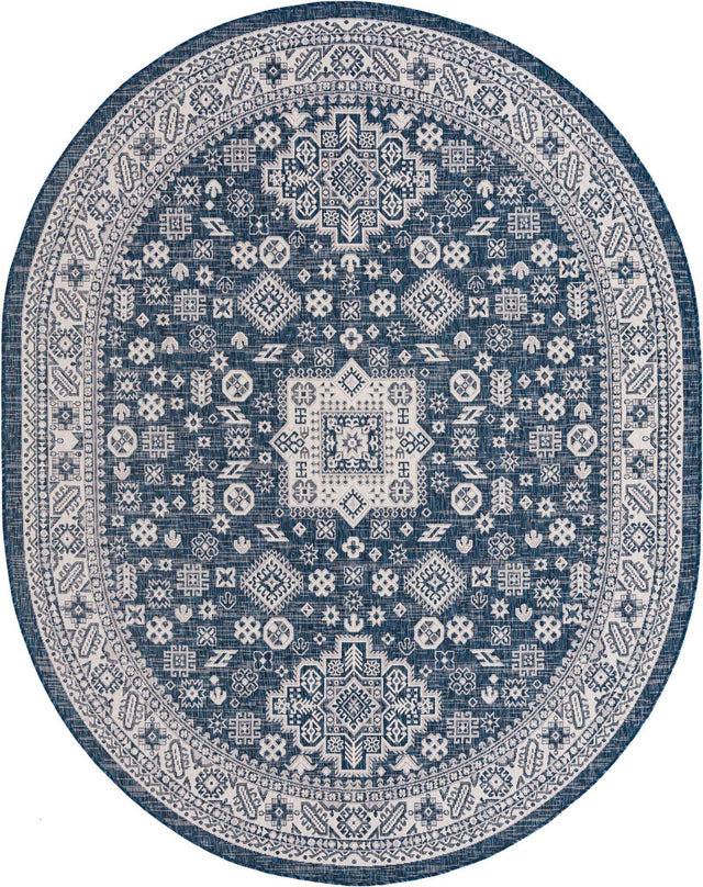 Blue 7' 10 x 10' Outdoor Aztec Oval Area Rug Weather Resistant for Patio, Deck, Terrace, Balcony, Porch 100% Polypropylene Traditional Carpet Mat for Sale at Rug Engine