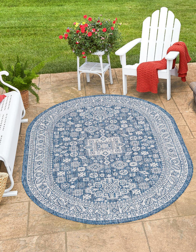 Blue 5' 3 x 8' Outdoor Aztec Oval Area Rug Weather Resistant for Patio, Deck, Terrace, Balcony, Porch 100% Polypropylene Traditional Carpet Mat for Sale at Rug Engine