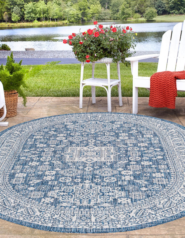 Blue 7' 10 x 10' Outdoor Aztec Oval Area Rug Weather Resistant for Patio, Deck, Terrace, Balcony, Porch 100% Polypropylene Traditional Carpet Mat for Sale at Rug Engine