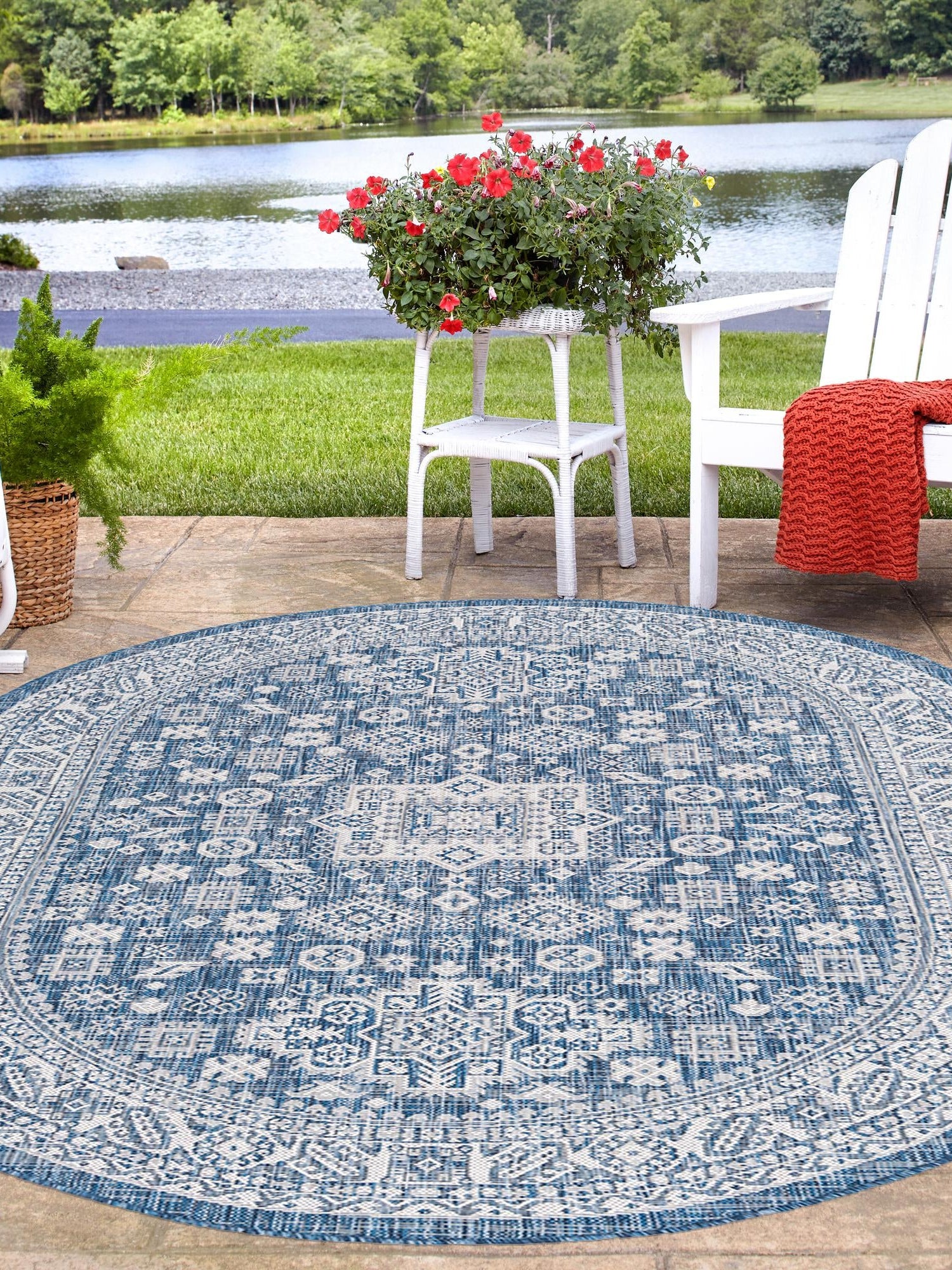 Blue 3' 1 x 5' 3 Outdoor Aztec Oval Area Rug Weather Resistant for Patio, Deck, Terrace, Balcony, Porch 100% Polypropylene Traditional Carpet Mat for Sale at Rug Engine