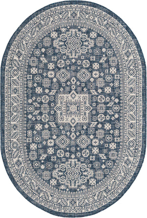 Blue 5' 3 x 8' Outdoor Aztec Oval Area Rug Weather Resistant for Patio, Deck, Terrace, Balcony, Porch 100% Polypropylene Traditional Carpet Mat for Sale at Rug Engine