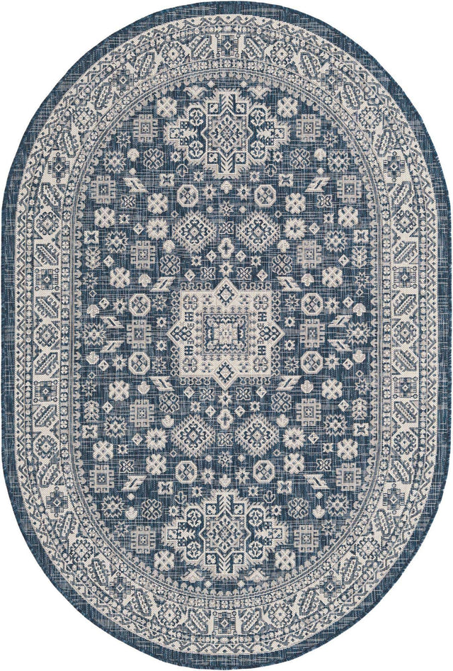 Blue 5' 3 x 8' Outdoor Aztec Oval Area Rug Weather Resistant for Patio, Deck, Terrace, Balcony, Porch 100% Polypropylene Traditional Carpet Mat for Sale at Rug Engine