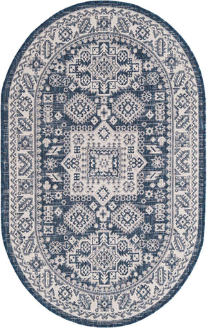 Blue 3' 1 x 5' 3 Outdoor Aztec Oval Area Rug Weather Resistant for Patio, Deck, Terrace, Balcony, Porch 100% Polypropylene Traditional Carpet Mat for Sale at Rug Engine