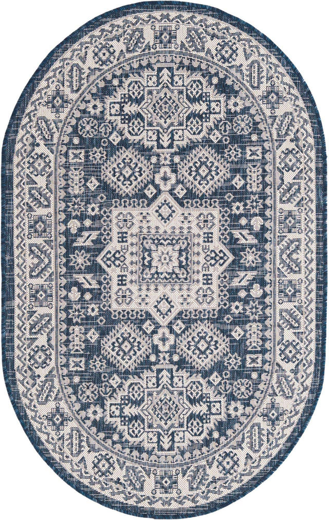 Blue 3' 1 x 5' 3 Outdoor Aztec Oval Area Rug Weather Resistant for Patio, Deck, Terrace, Balcony, Porch 100% Polypropylene Traditional Carpet Mat for Sale at Rug Engine