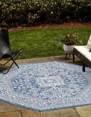 Blue 5' 3 x 5' 3 Outdoor Aztec Octagon Area Rug Weather Resistant for Patio, Deck, Terrace, Balcony, Porch 100% Polypropylene Traditional Carpet Mat for Sale at Rug Engine