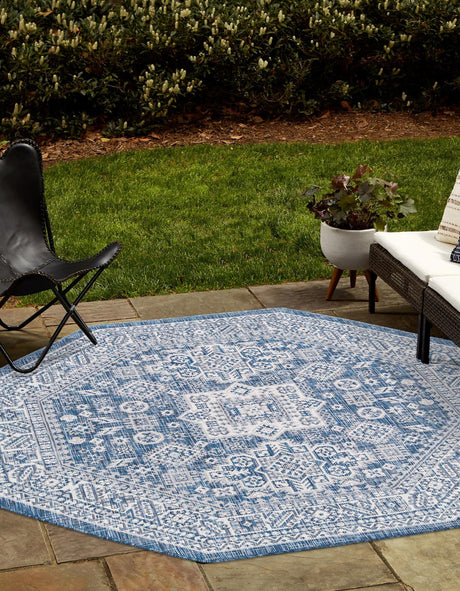 Blue 5' 3 x 5' 3 Outdoor Aztec Octagon Area Rug Weather Resistant for Patio, Deck, Terrace, Balcony, Porch 100% Polypropylene Traditional Carpet Mat for Sale at Rug Engine