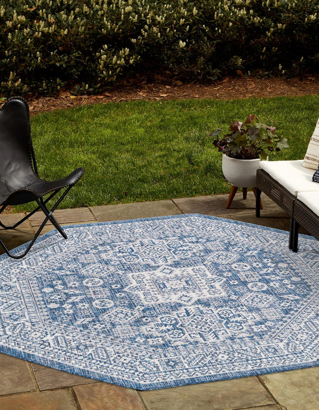 Blue 5' 3 x 5' 3 Outdoor Aztec Octagon Area Rug Weather Resistant for Patio, Deck, Terrace, Balcony, Porch 100% Polypropylene Traditional Carpet Mat for Sale at Rug Engine