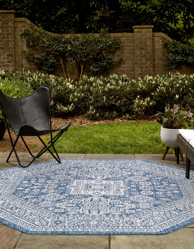 Blue 5' 3 x 5' 3 Outdoor Aztec Octagon Area Rug Weather Resistant for Patio, Deck, Terrace, Balcony, Porch 100% Polypropylene Traditional Carpet Mat for Sale at Rug Engine