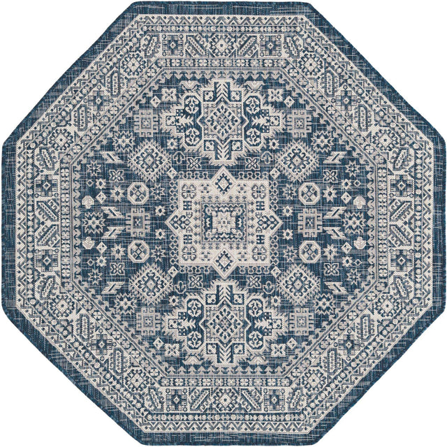Blue 5' 3 x 5' 3 Outdoor Aztec Octagon Area Rug Weather Resistant for Patio, Deck, Terrace, Balcony, Porch 100% Polypropylene Traditional Carpet Mat for Sale at Rug Engine