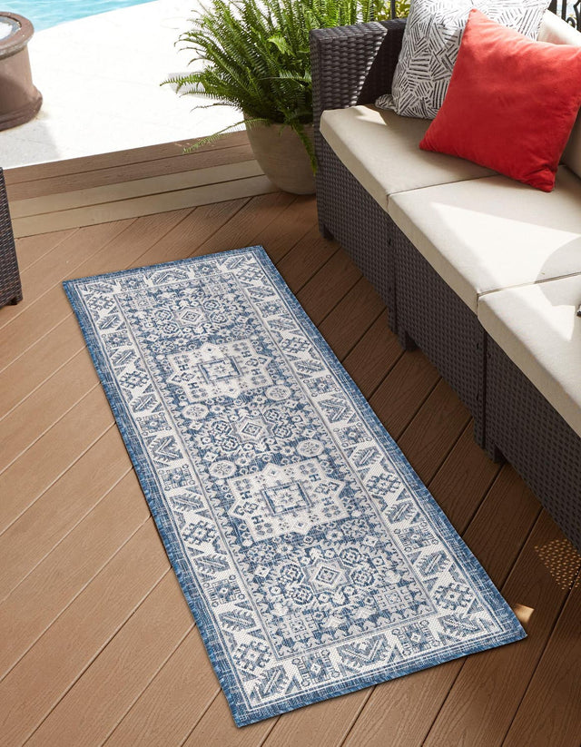 Blue 2' x 6' 1 Outdoor Aztec Runner Area Rug Weather Resistant for Patio, Deck, Terrace, Balcony, Porch 100% Polypropylene Traditional Carpet Mat for Sale at Rug Engine