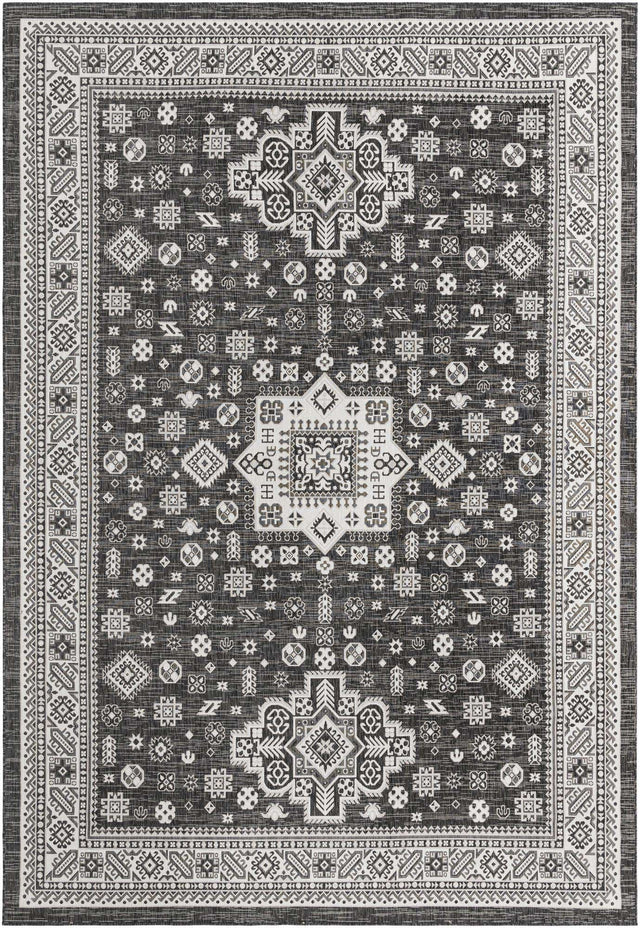 Charcoal Gray 10' x 14' 1 Outdoor Aztec Rectangle Area Rug Weather Resistant for Patio, Deck, Terrace, Balcony, Porch 100% Polypropylene Traditional Carpet Mat for Sale at Rug Engine