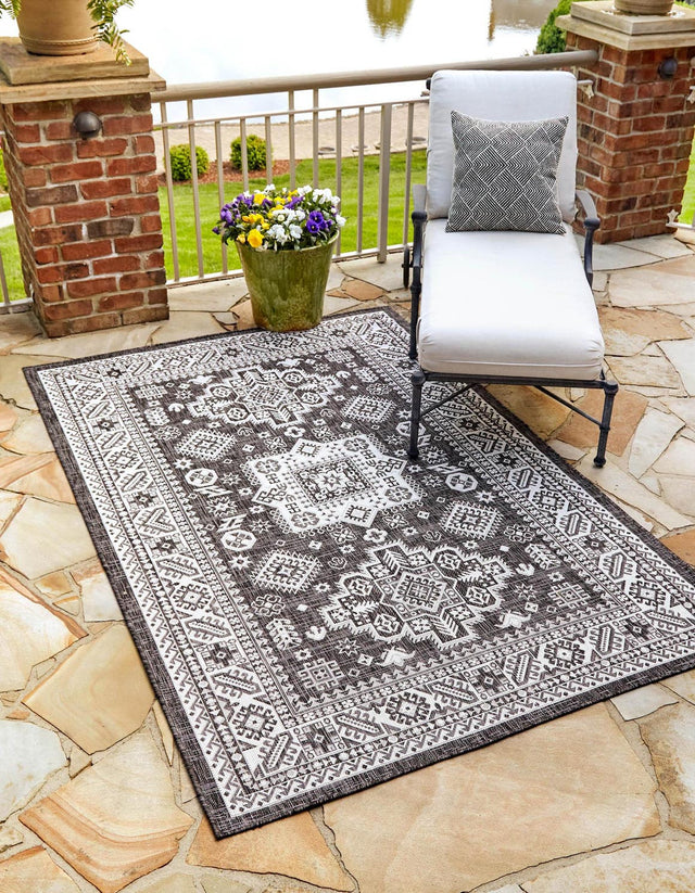 Charcoal Gray 7' 10 x 10' Outdoor Aztec Rectangle Area Rug Weather Resistant for Patio, Deck, Terrace, Balcony, Porch 100% Polypropylene Traditional Carpet Mat for Sale at Rug Engine