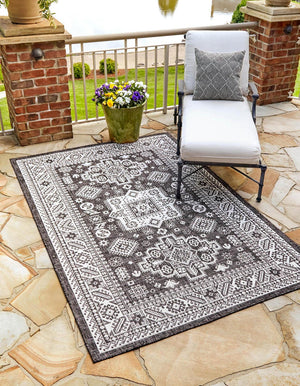 Charcoal Gray 9' x 12' Outdoor Aztec Rectangle Area Rug Weather Resistant for Patio, Deck, Terrace, Balcony, Porch 100% Polypropylene Traditional Carpet Mat for Sale at Rug Engine