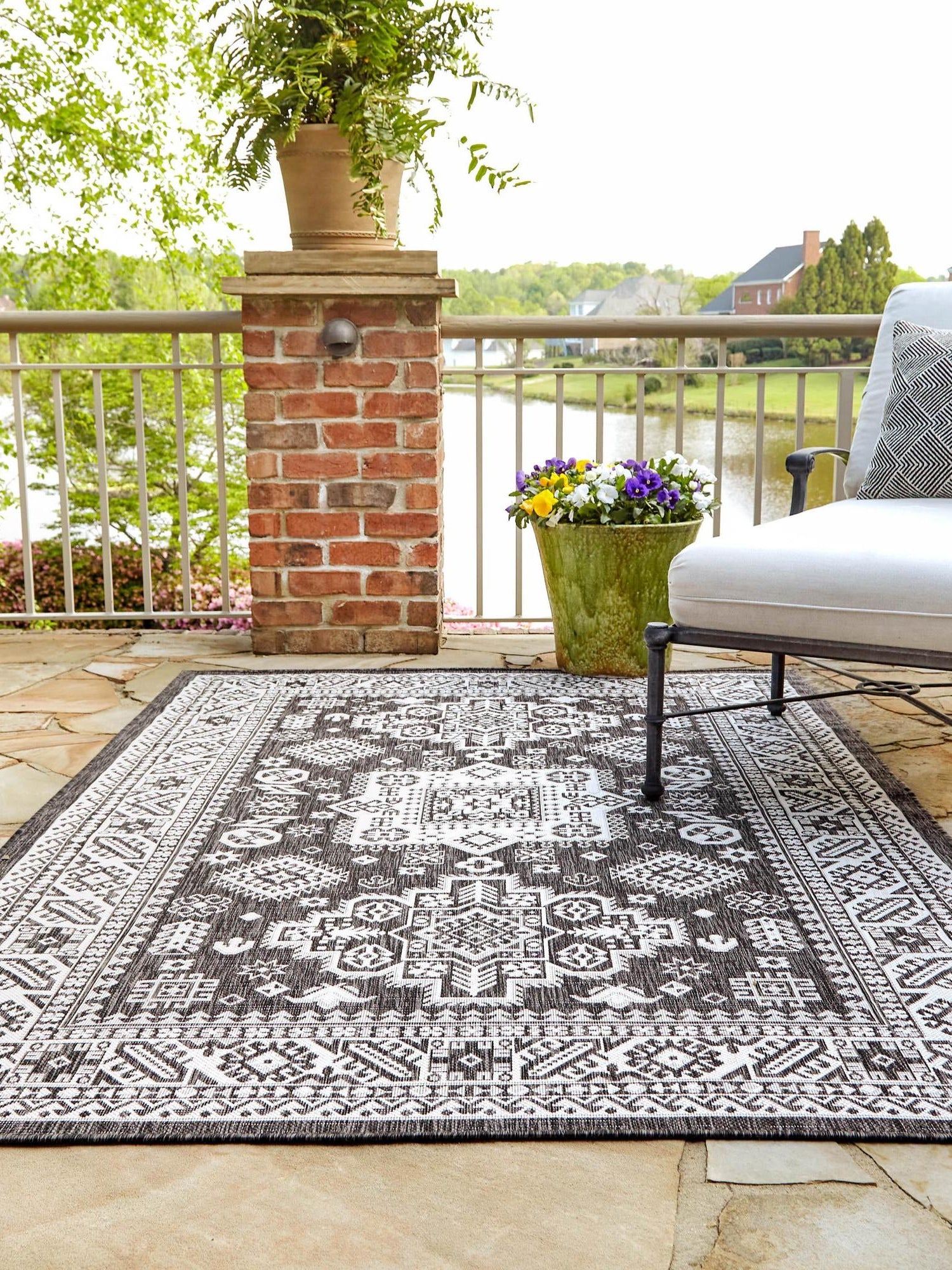 Charcoal Gray 5' 3 x 7' 1 Outdoor Aztec Rectangle Area Rug Weather Resistant for Patio, Deck, Terrace, Balcony, Porch 100% Polypropylene Traditional Carpet Mat for Sale at Rug Engine