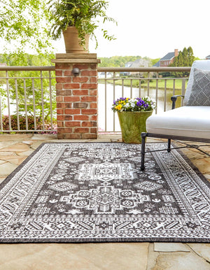 Charcoal Gray 4' 1 x 6' 1 Outdoor Aztec Rectangle Area Rug Weather Resistant for Patio, Deck, Terrace, Balcony, Porch 100% Polypropylene Traditional Carpet Mat for Sale at Rug Engine
