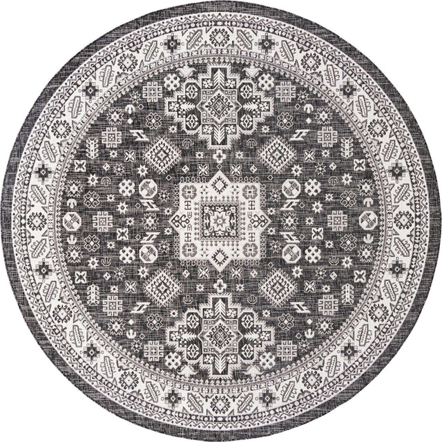 Charcoal Gray 10' x 10' Outdoor Aztec Round Area Rug Weather Resistant for Patio, Deck, Terrace, Balcony, Porch 100% Polypropylene Traditional Carpet Mat for Sale at Rug Engine