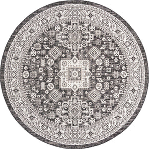 Charcoal Gray 7' 10 x 7' 10 Outdoor Aztec Round Area Rug Weather Resistant for Patio, Deck, Terrace, Balcony, Porch 100% Polypropylene Traditional Carpet Mat for Sale at Rug Engine