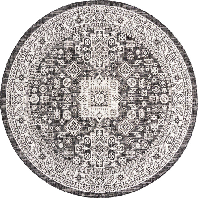 Charcoal Gray 7' 10 x 7' 10 Outdoor Aztec Round Area Rug Weather Resistant for Patio, Deck, Terrace, Balcony, Porch 100% Polypropylene Traditional Carpet Mat for Sale at Rug Engine