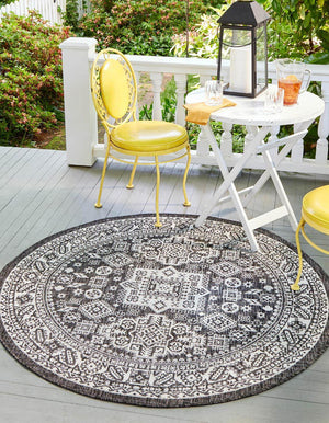 Charcoal Gray 4' 1 x 4' 1 Outdoor Aztec Round Area Rug Weather Resistant for Patio, Deck, Terrace, Balcony, Porch 100% Polypropylene Traditional Carpet Mat for Sale at Rug Engine