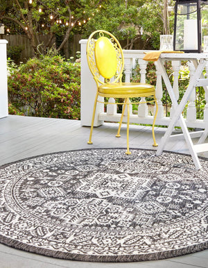 Charcoal Gray 3' 1 x 3' 1 Outdoor Aztec Round Area Rug Weather Resistant for Patio, Deck, Terrace, Balcony, Porch 100% Polypropylene Traditional Carpet Mat for Sale at Rug Engine