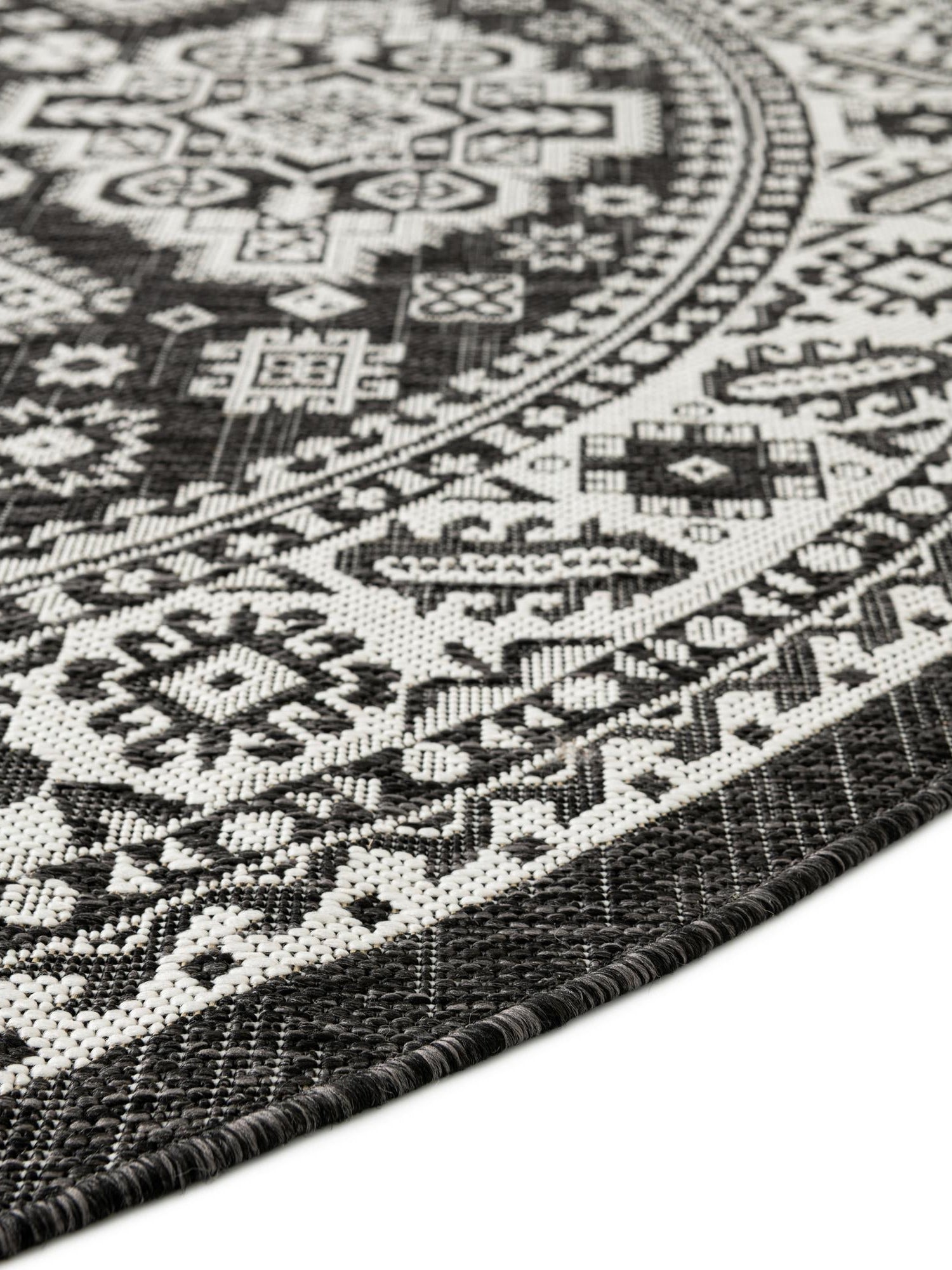 Charcoal Gray 4' 1 x 4' 1 Outdoor Aztec Round Area Rug Weather Resistant for Patio, Deck, Terrace, Balcony, Porch 100% Polypropylene Traditional Carpet Mat for Sale at Rug Engine