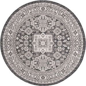 Charcoal Gray 5' 3 x 5' 3 Outdoor Aztec Round Area Rug Weather Resistant for Patio, Deck, Terrace, Balcony, Porch 100% Polypropylene Traditional Carpet Mat for Sale at Rug Engine