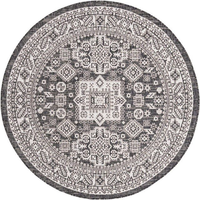 Charcoal Gray 5' 3 x 5' 3 Outdoor Aztec Round Area Rug Weather Resistant for Patio, Deck, Terrace, Balcony, Porch 100% Polypropylene Traditional Carpet Mat for Sale at Rug Engine