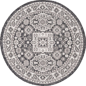 Charcoal Gray 4' 1 x 4' 1 Outdoor Aztec Round Area Rug Weather Resistant for Patio, Deck, Terrace, Balcony, Porch 100% Polypropylene Traditional Carpet Mat for Sale at Rug Engine